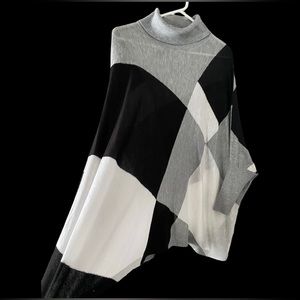 Calvin Klein White Black and Gray Colourblock Knit Oversized Poncho Sweater